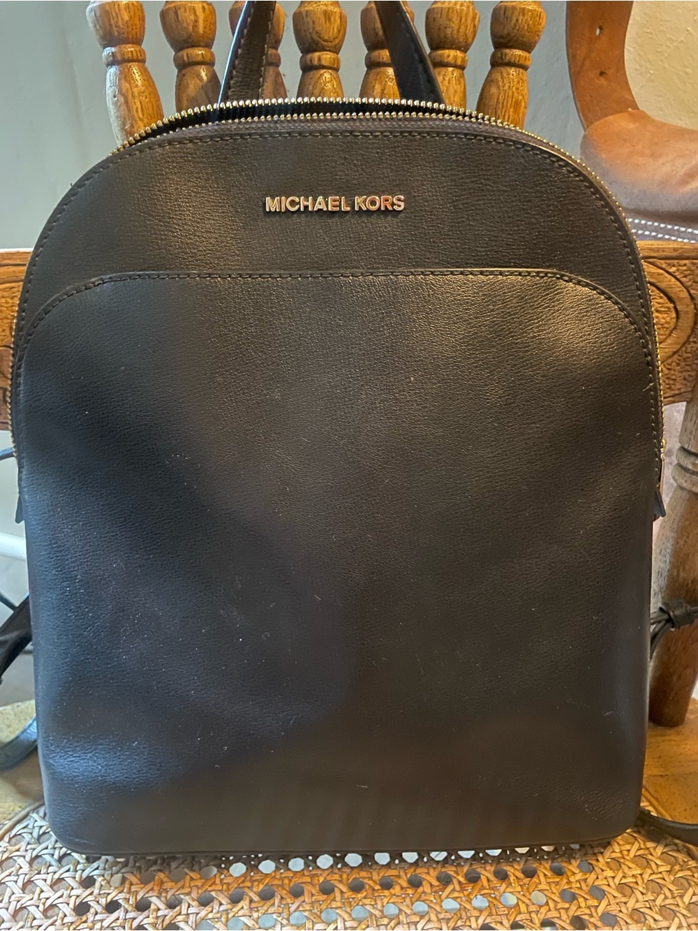 Michael Kors Emmy Large Dome Leather
Backpack Purse Black Gold Adjustable Straps - Picture 3 of 16